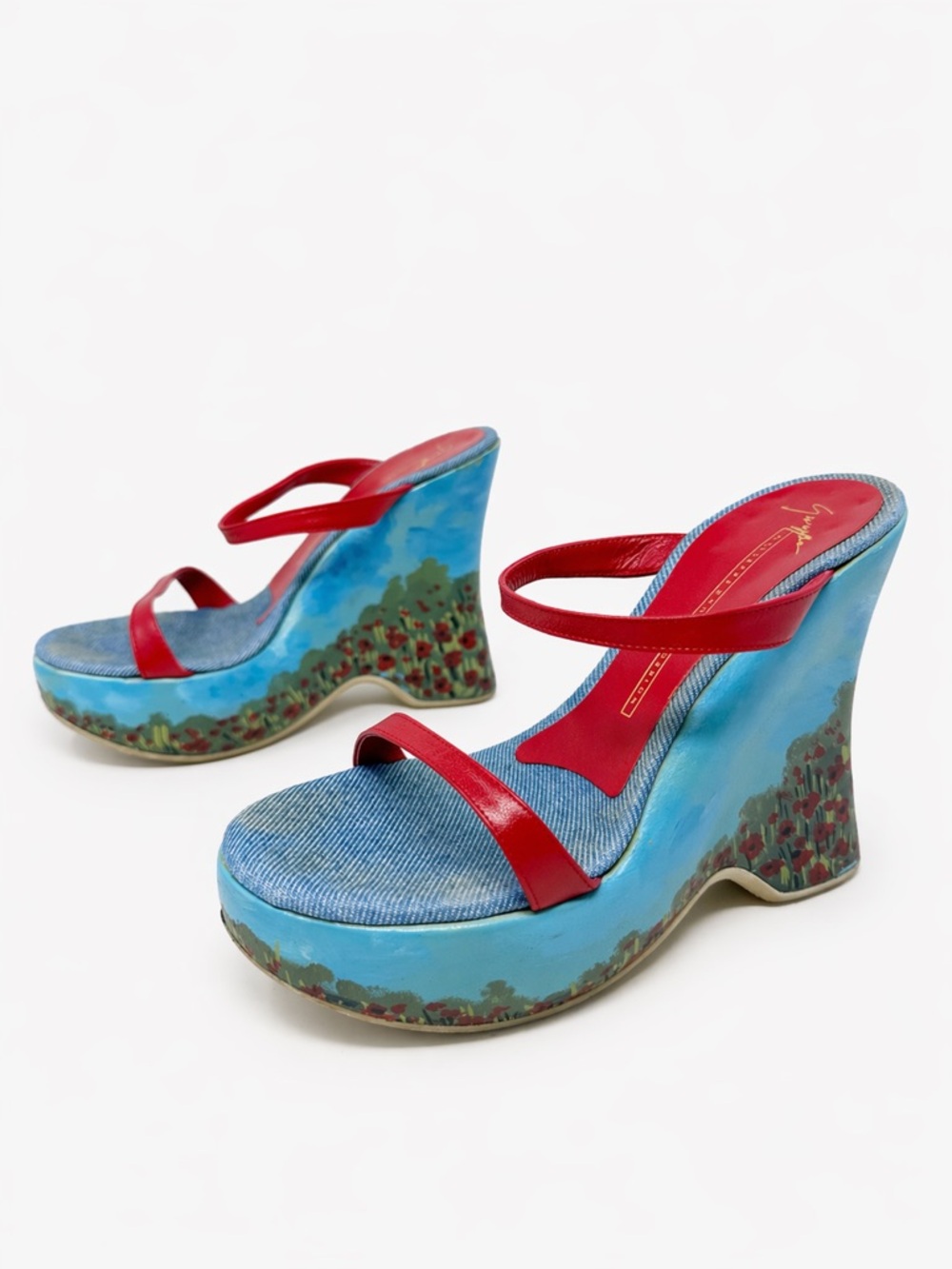 Giuseppe Zanotti Poppy Garden Blue Clouded Sky Platform Wedge Sandals Size 37.5